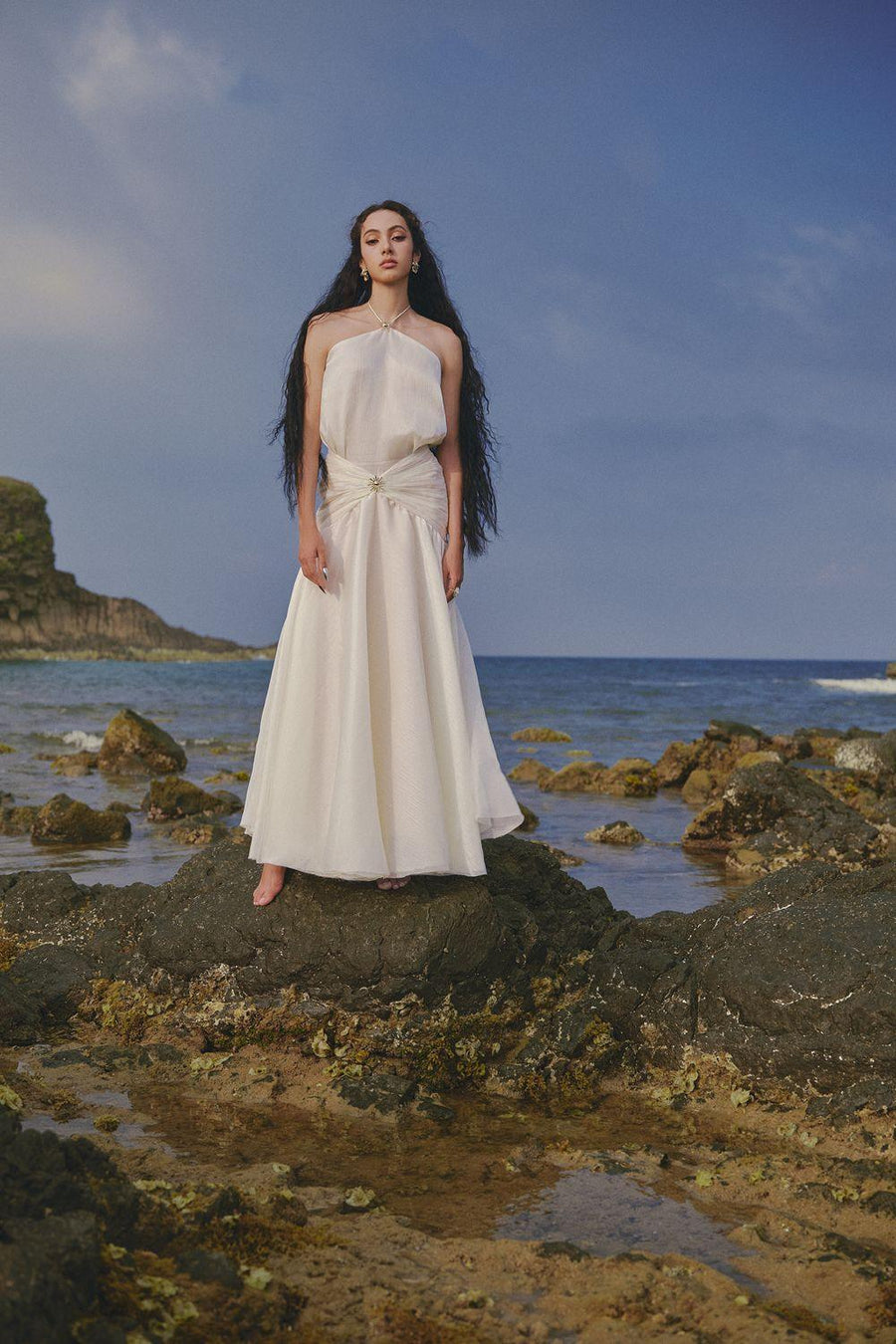 The Sun Halter Sleeveless Chiffon Floor Length Dress Cream Maxi Dress LINH PHUNG