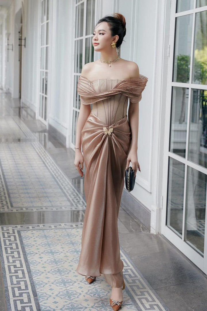 Tracy Sarong Off-Shoulder Chiffon Ankle Length Dress - RESSALINA