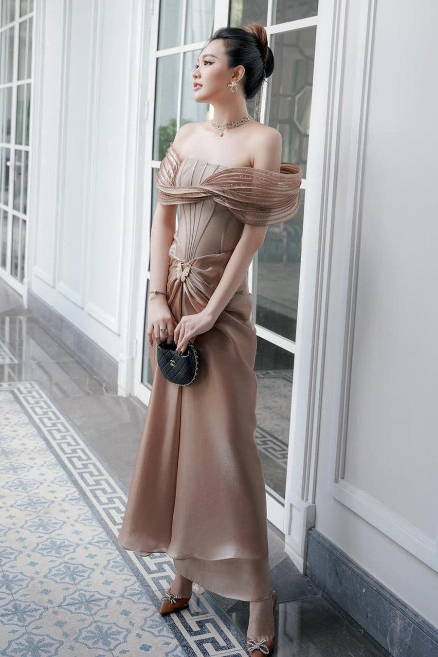 Tracy Sarong Off-Shoulder Chiffon Ankle Length Dress Maxi Dress LINH PHUNG