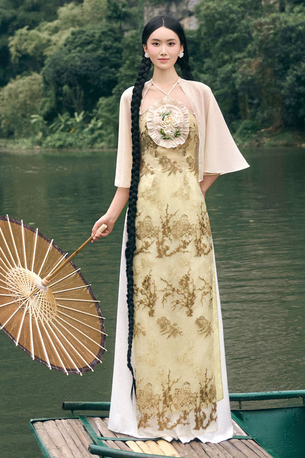 Tuong Cuc A-line Cape Sleeved Silk Organza Floor Length Ao Dai Set Ao Dai Set LINH PHUNG