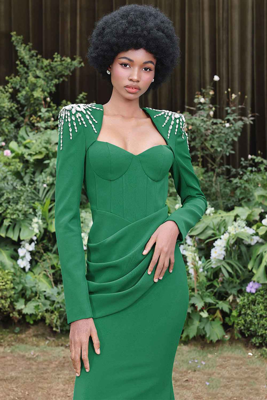 Jade Trumpet Square Shoulder Polyester Spandex Floor Length Dress
