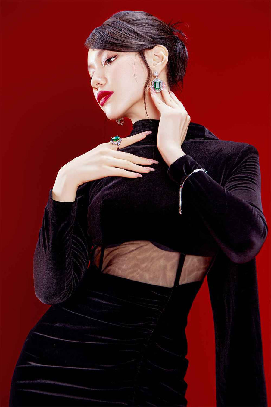 Raggiana Slit Gathered Velvet Ankle Length Dress