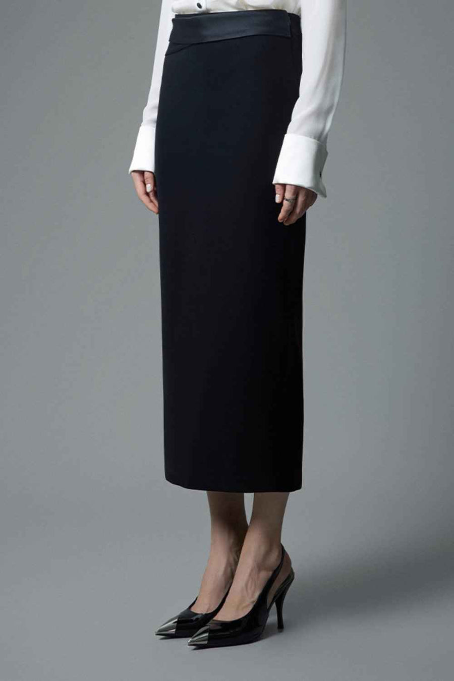 Pamplona Straight Zipper Satin Crepe Midi Skirt