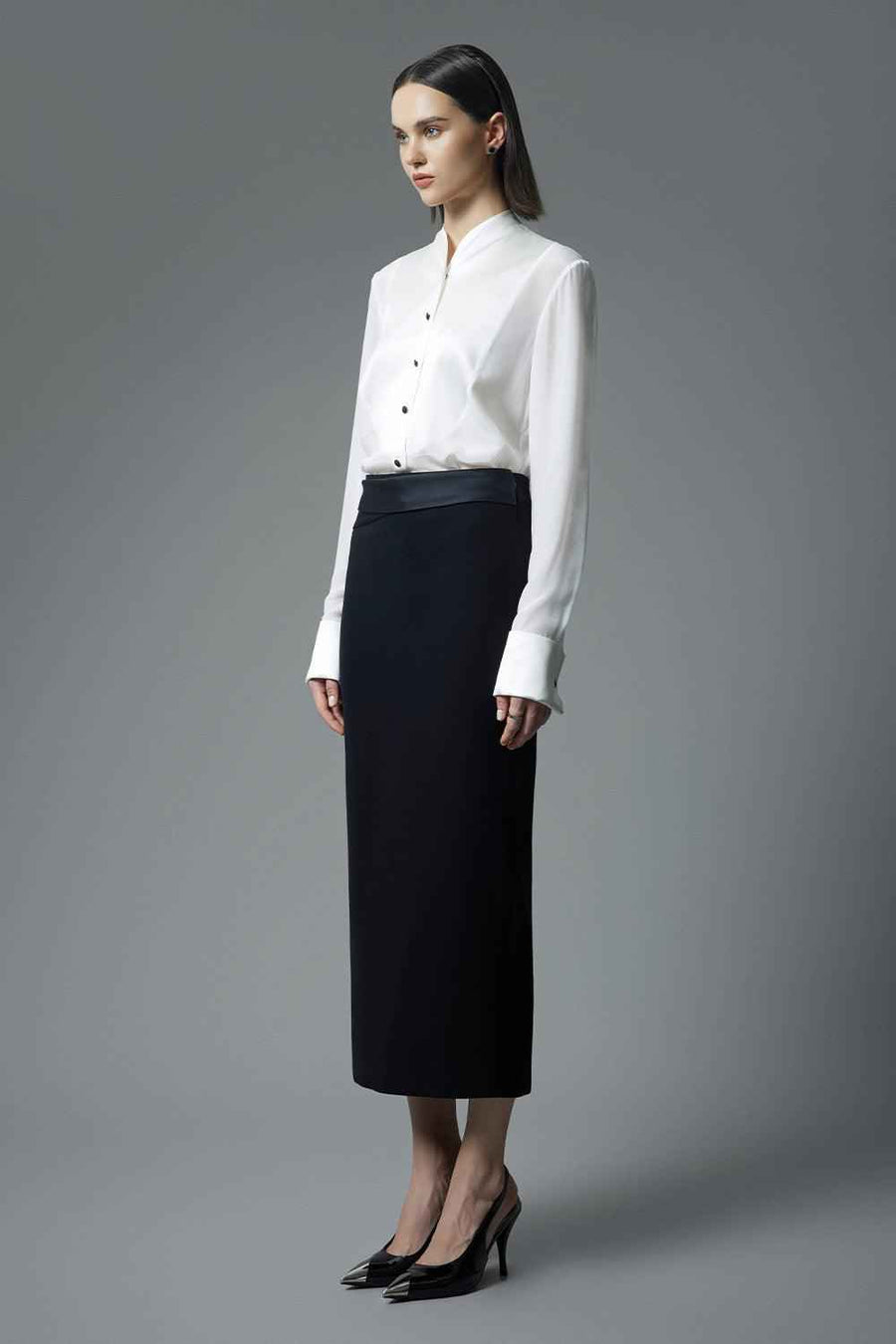 Pamplona Straight Zipper Satin Crepe Midi Skirt