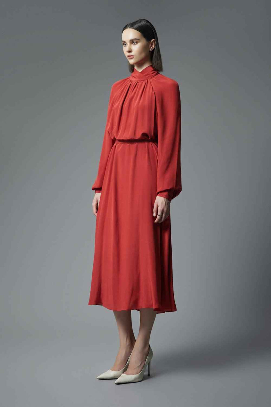 Palma Blouson Cuff Sleeved Crepe De Chine Midi Dress