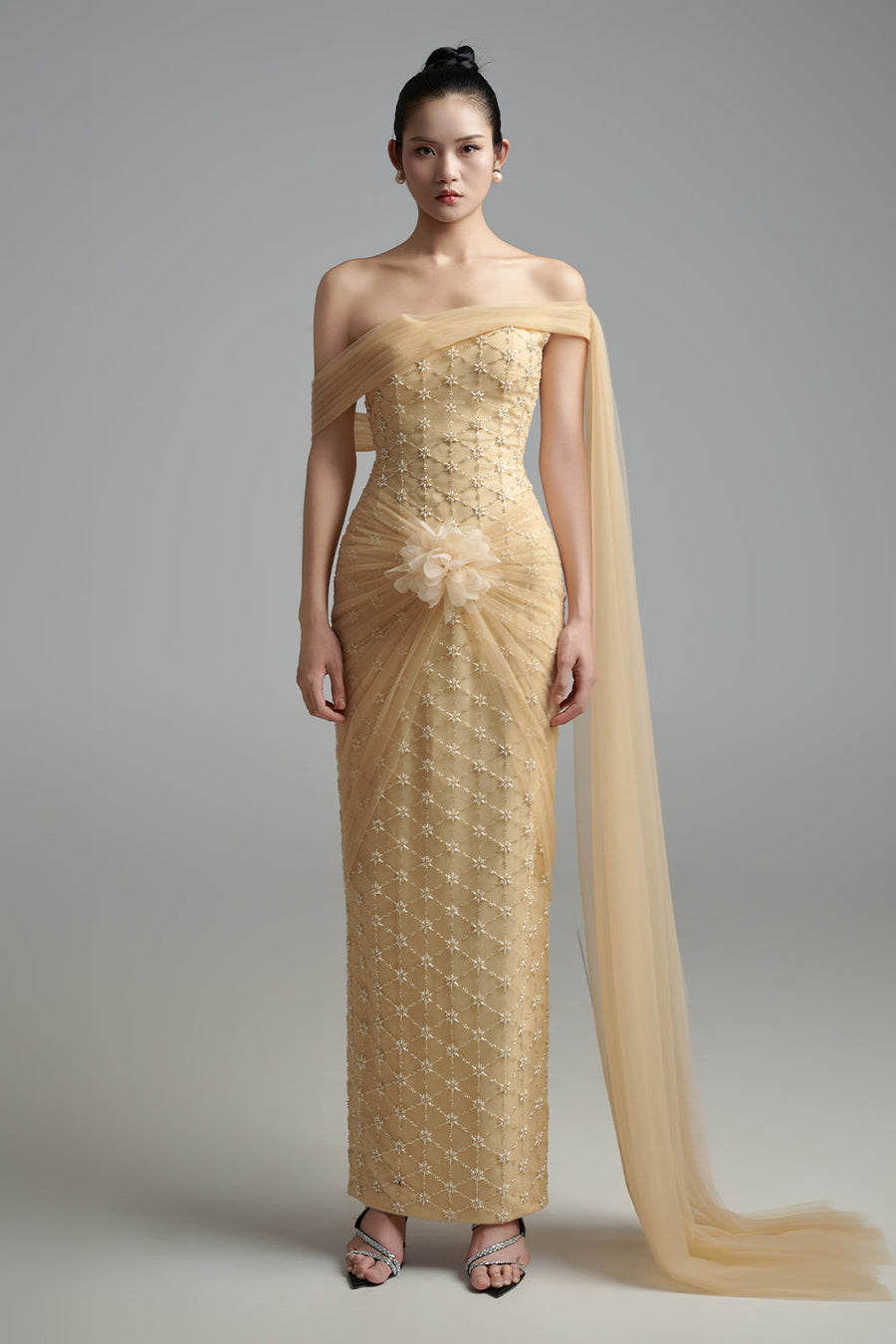 Bridget Pegged Off-Shoulder Polyester Maxi Dress 5