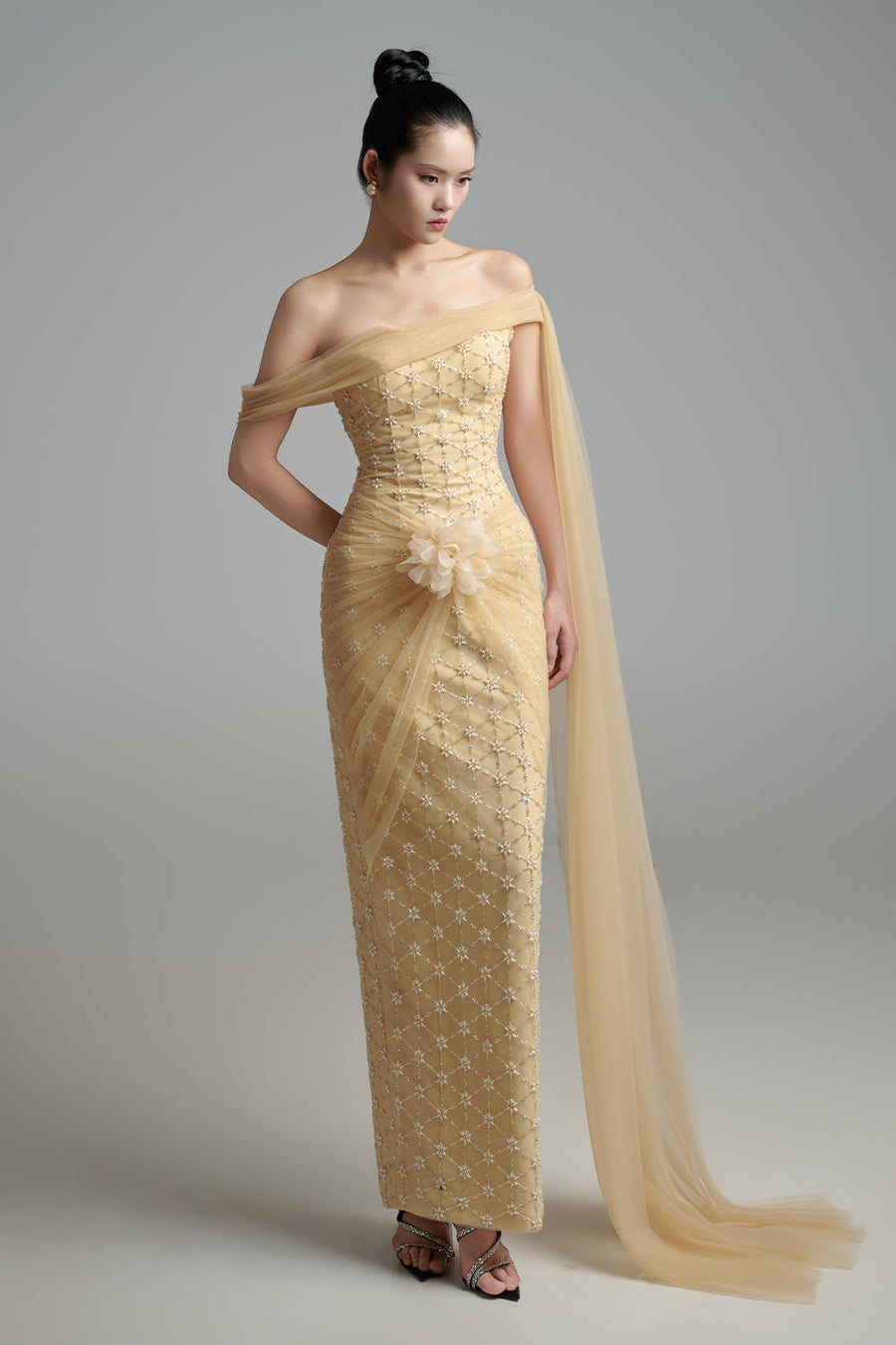 Bridget Pegged Off-Shoulder Polyester Maxi Dress 7