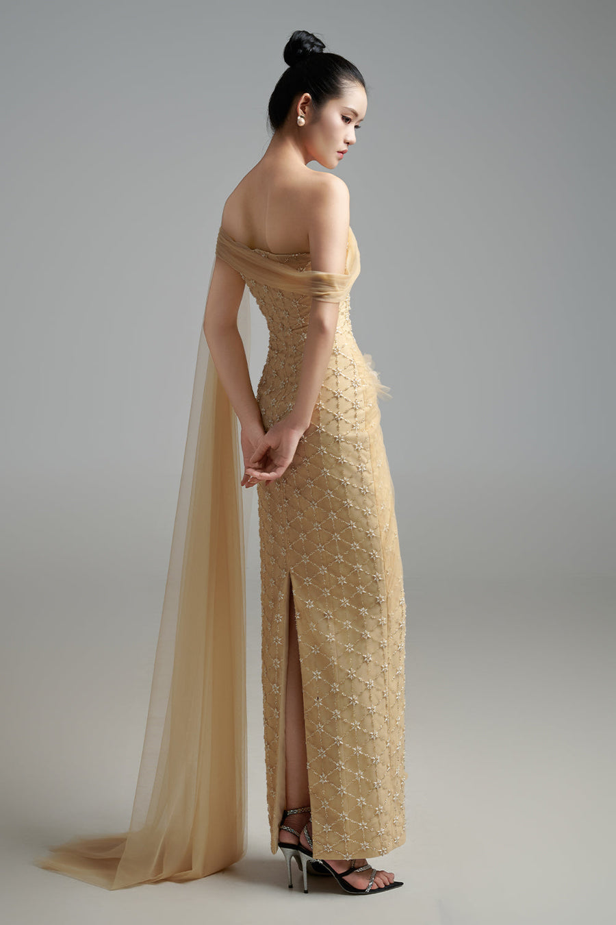 Bridget Pegged Off-Shoulder Polyester Maxi Dress 6