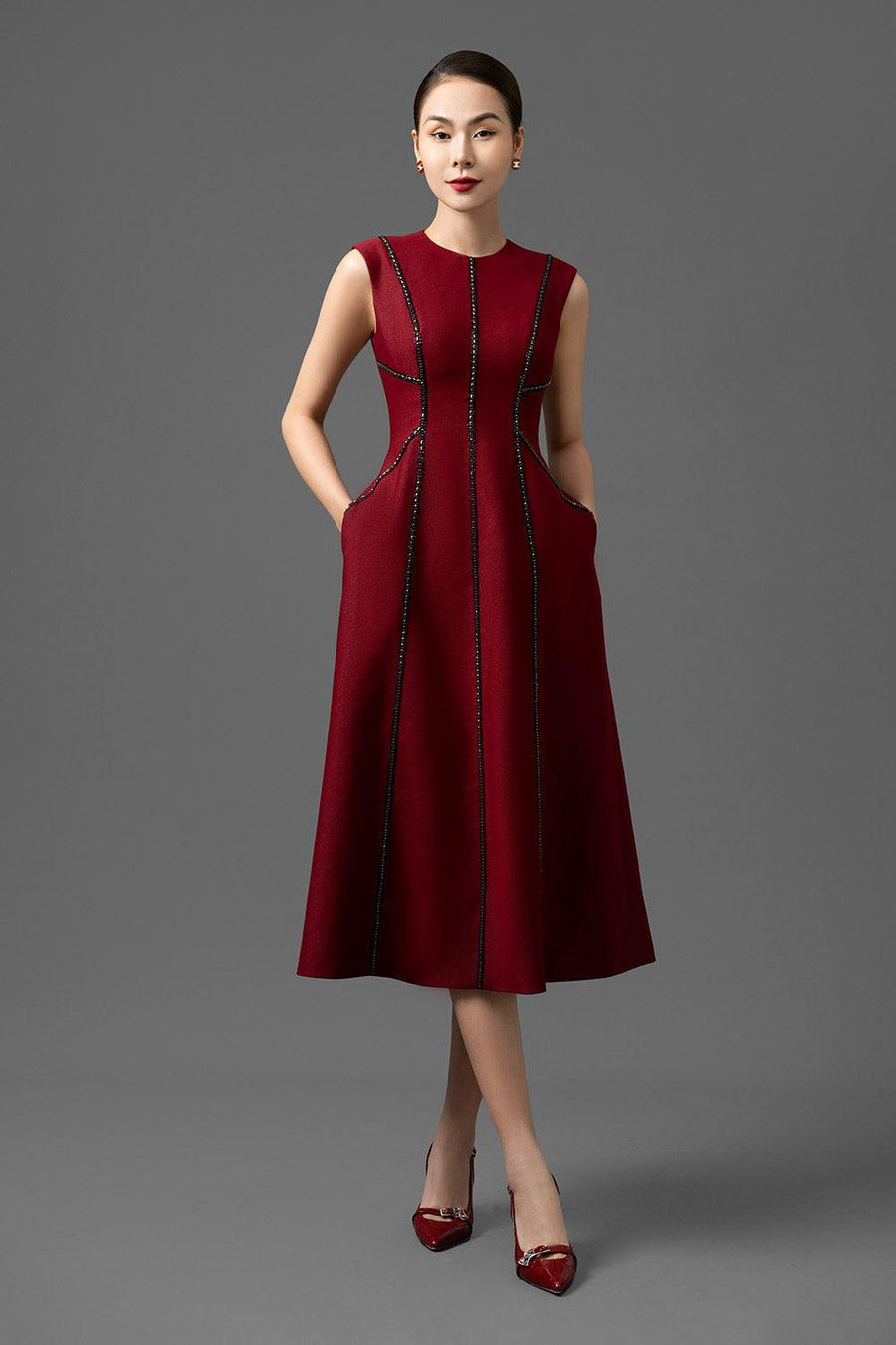 Mainalin A-line Side Pocket Polyester Blend Midi Dress Midi Dress CHANCOS