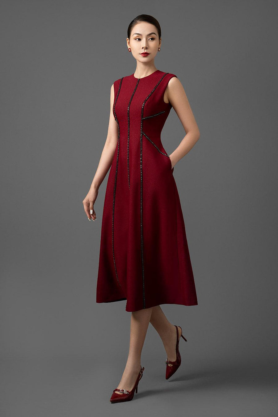 Mainalin A-line Side Pocket Polyester Blend Midi Dress Midi Dress CHANCOS