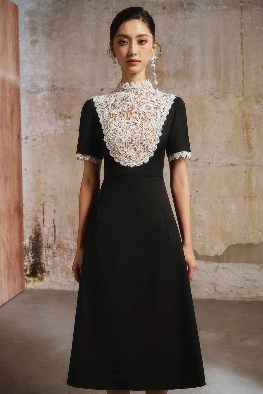 Maifen A-line Mock Neck Linen Cotton Midi Dress