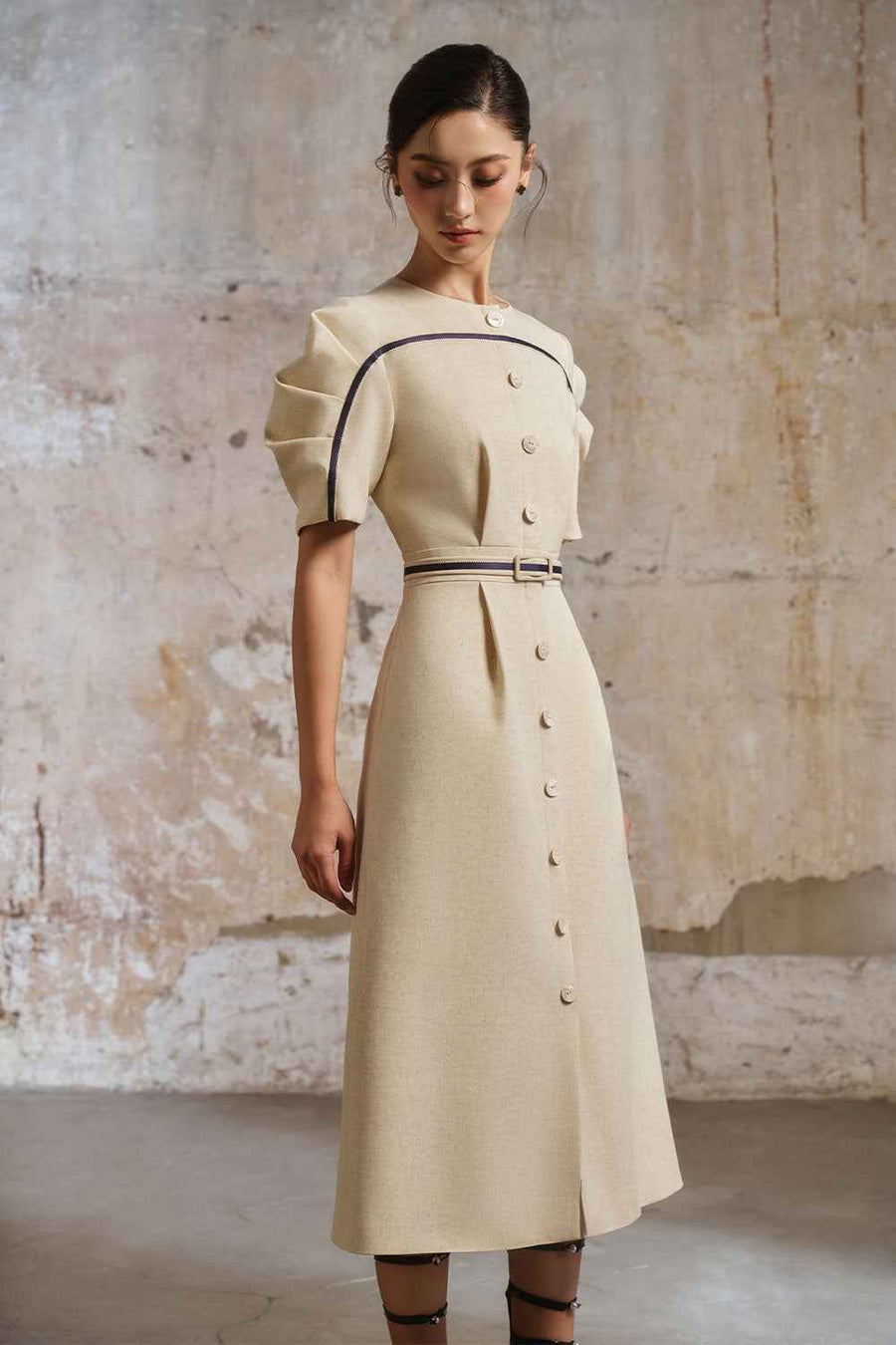 Croisant A-line Puffy Sleeved Linen Cotton Midi Dress