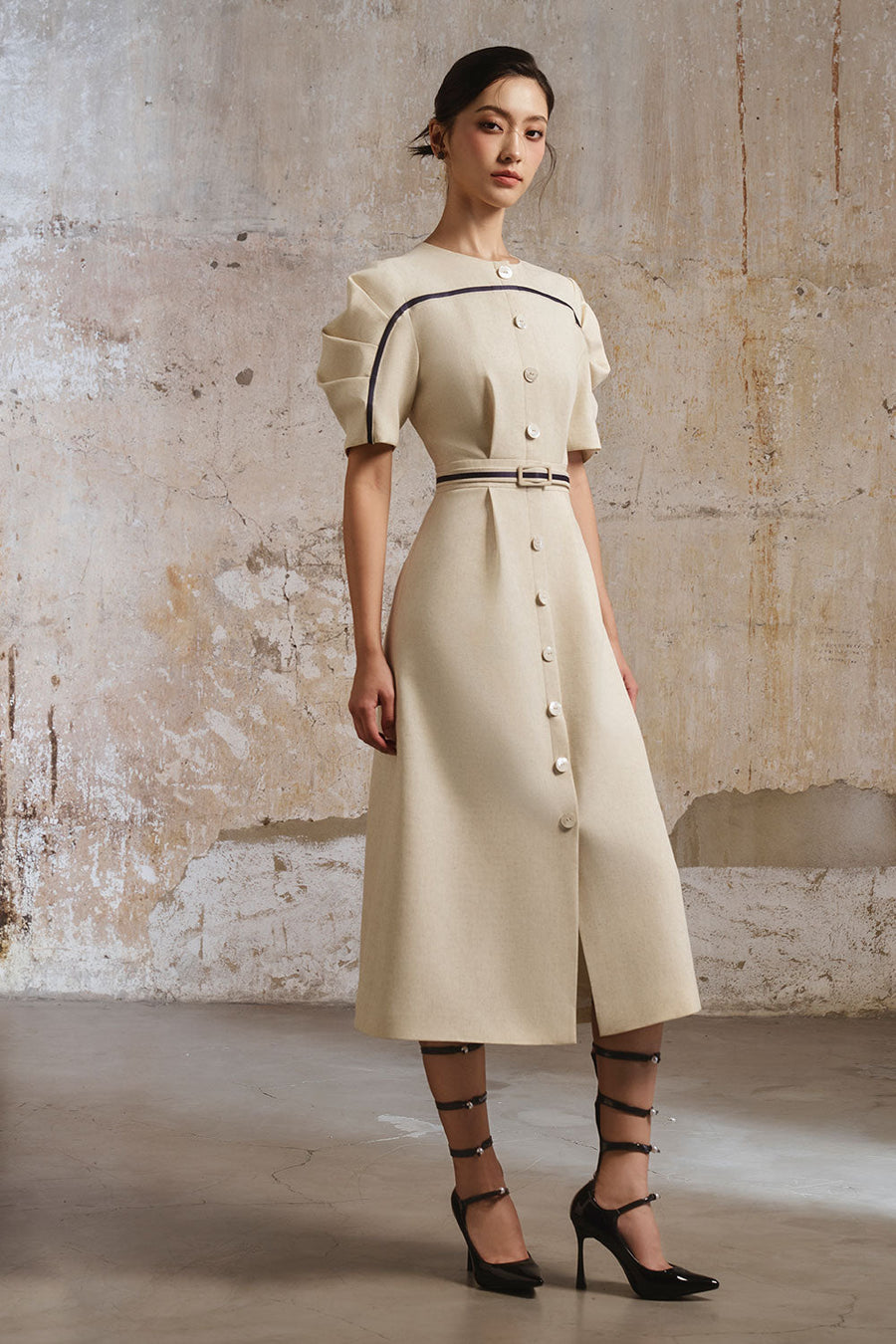 Croisant A-line Puffy Sleeved Linen Cotton Midi Dress 6