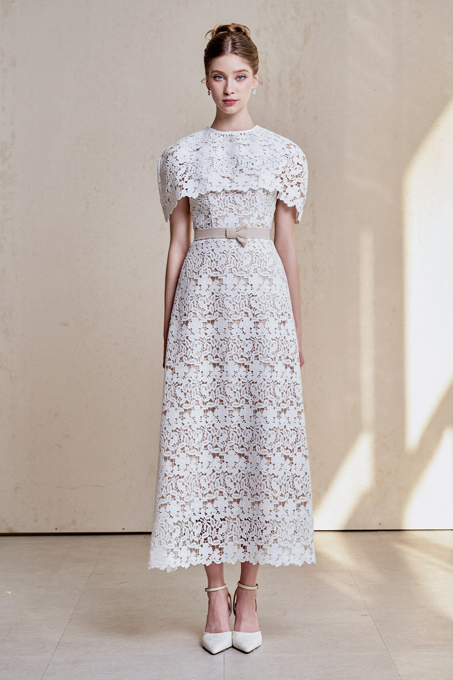 Dulcie A-line Cape Sleeved Cotton Lace Midi Dress 1