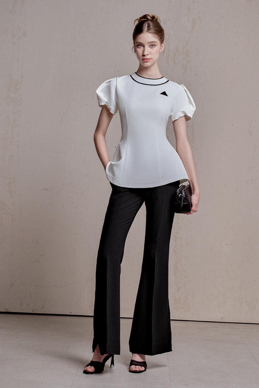 Sunna Peplum Puffy Sleeved Spandex Homespun Top 1