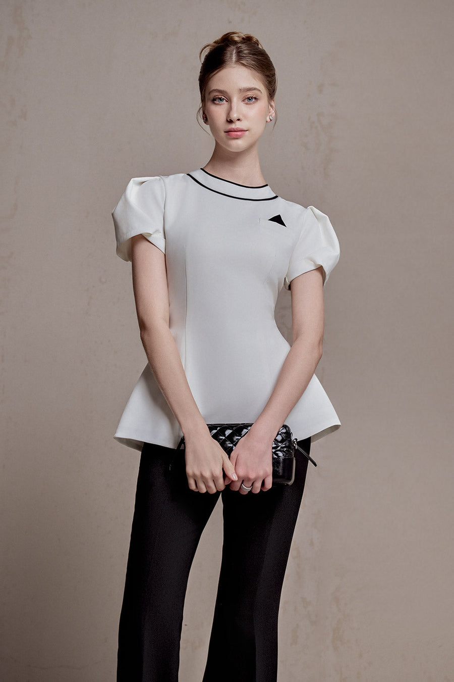 Sunna Peplum Puffy Sleeved Spandex Homespun Top 3