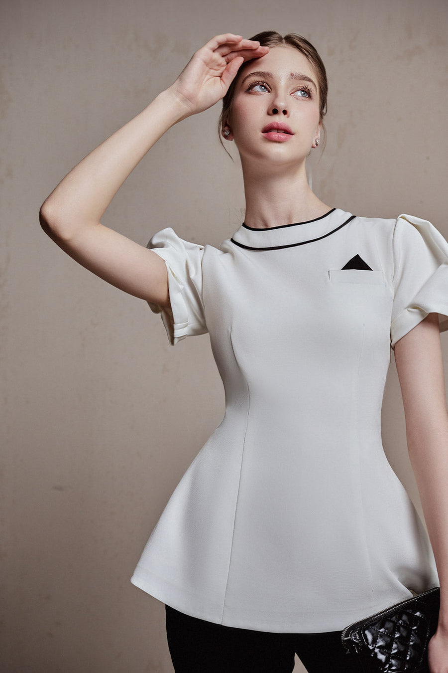 Sunna Peplum Puffy Sleeved Spandex Homespun Top 2