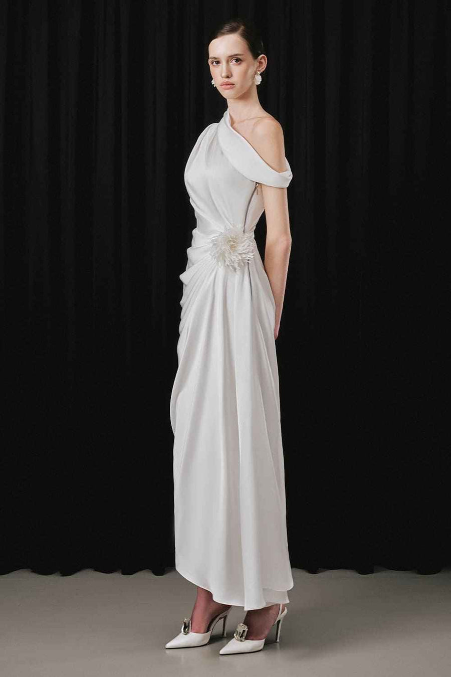 Solxie Asymmetric Draped Silk Satin Ankle Length Dress