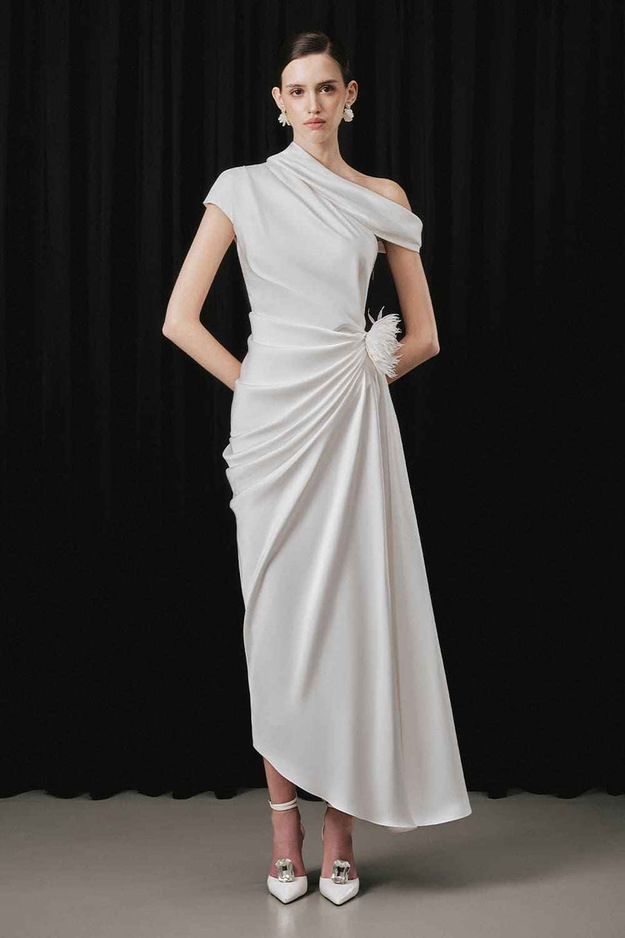 Solxie Asymmetric Draped Silk Satin Ankle Length Dress
