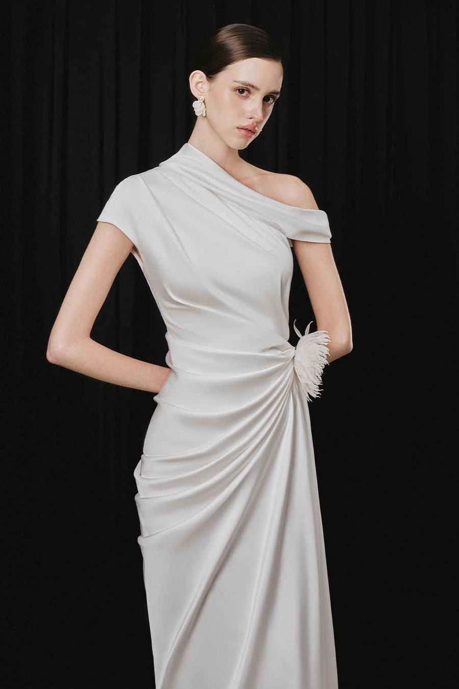 Solxie Asymmetric Draped Silk Satin Ankle Length Dress