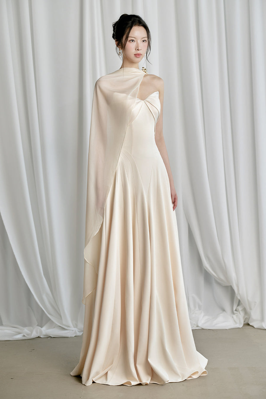 Habiba A-line Cape Sleeved Twill Silk Floor Length Dress 1