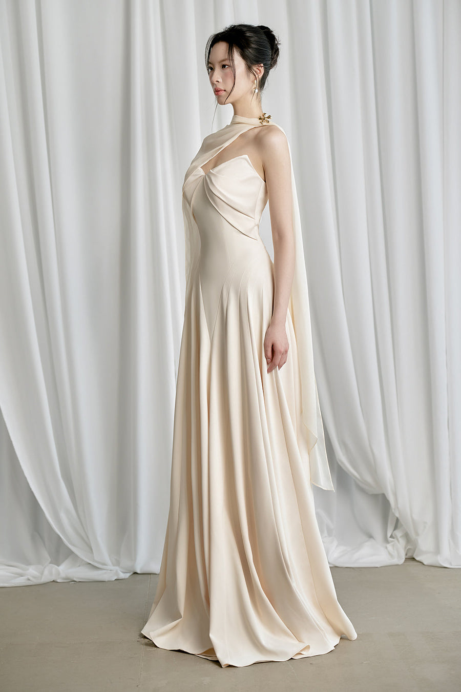 Habiba A-line Cape Sleeved Twill Silk Floor Length Dress 5
