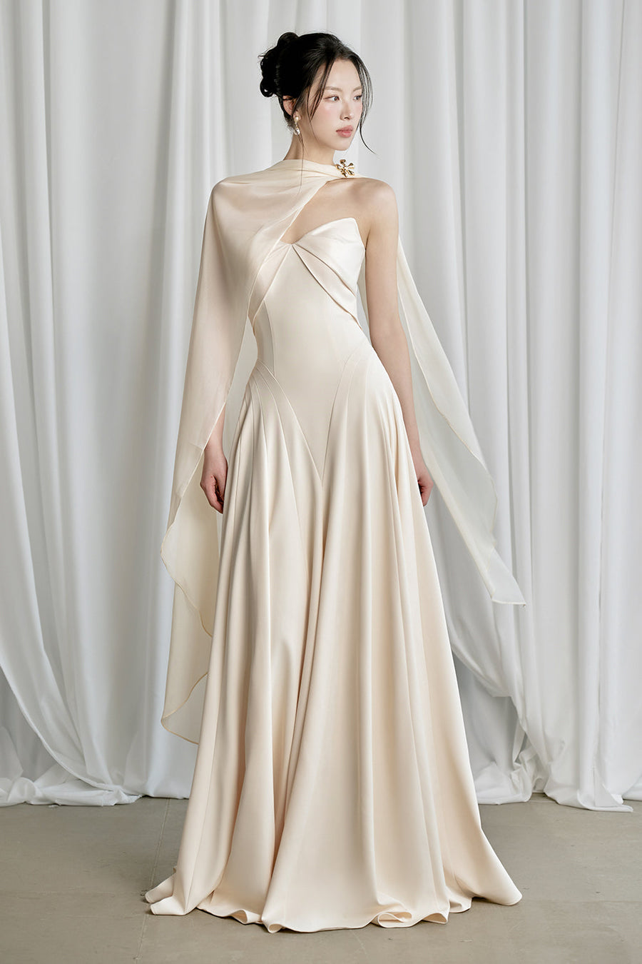 Habiba A-line Cape Sleeved Twill Silk Floor Length Dress 7