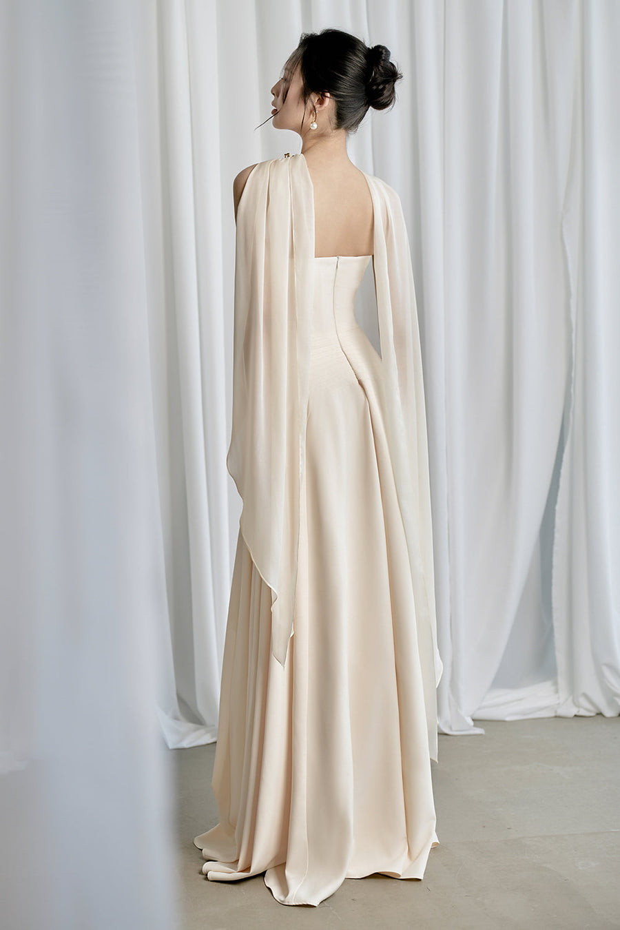 Habiba A-line Cape Sleeved Twill Silk Floor Length Dress 6