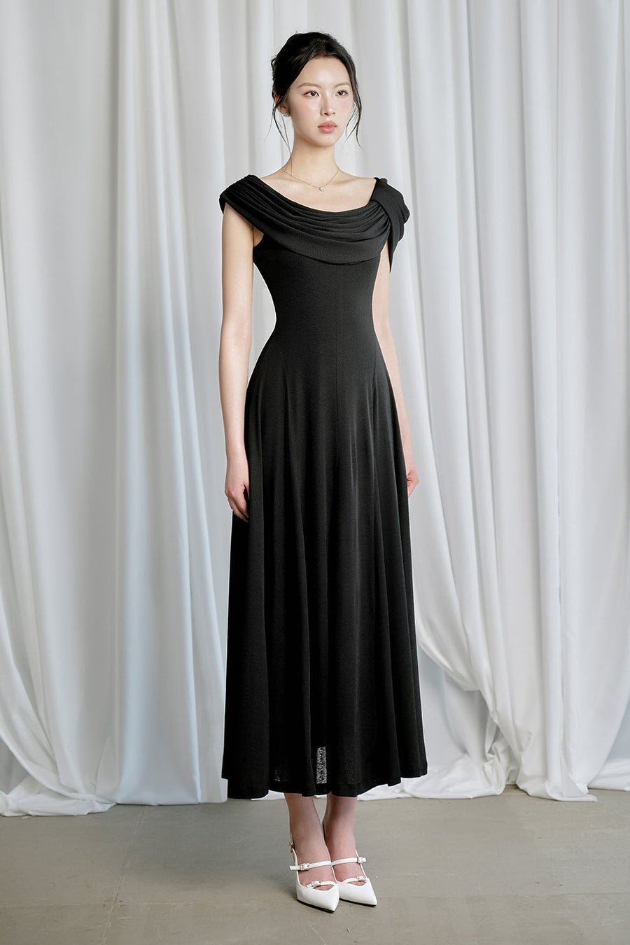 Ria A-line Asymmetric Shoulder Ribbed Cotton Midi Dress 4
