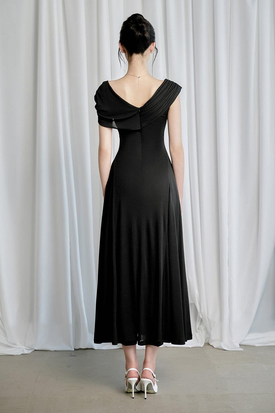 Ria A-line Asymmetric Shoulder Ribbed Cotton Midi Dress 3