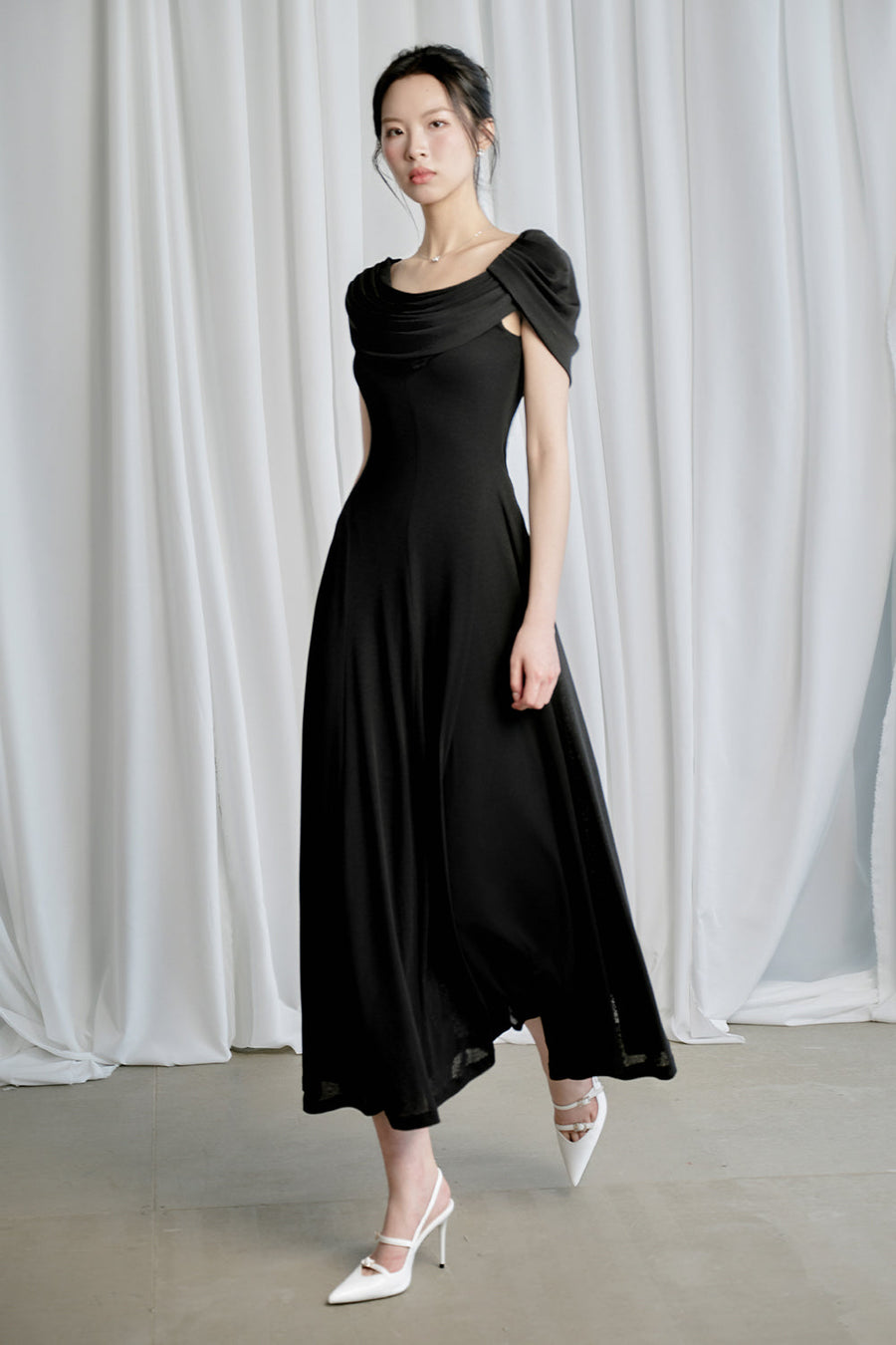 Ria A-line Asymmetric Shoulder Ribbed Cotton Midi Dress 2