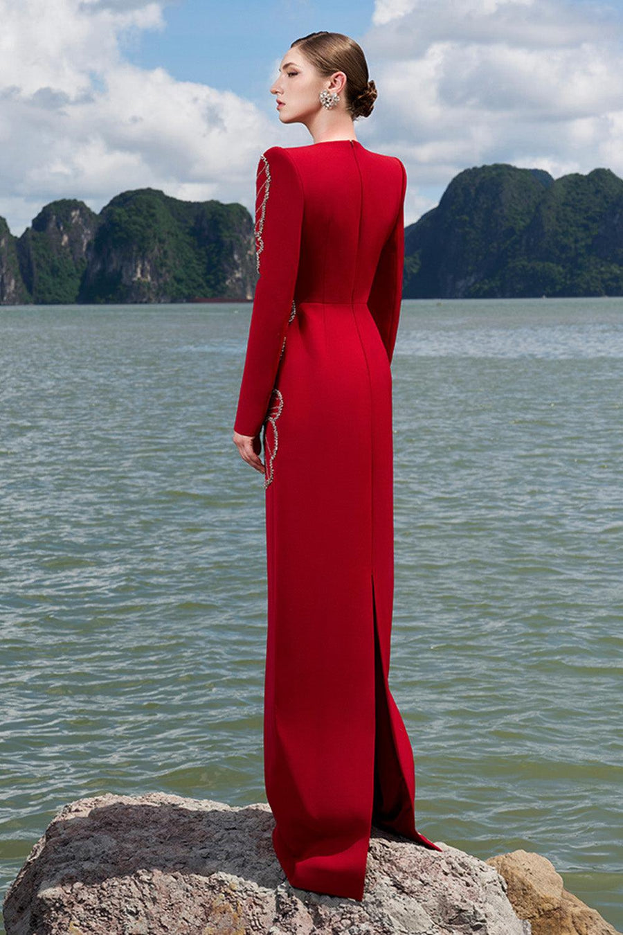 Raelynn Bodycon Long Sleeved Crepe Ankle Length Dress 15