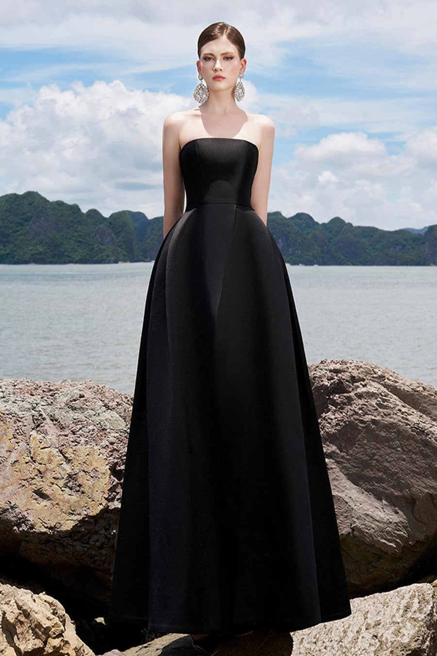 Clara Ball Gown Straight Across Neck Taffeta Maxi Dress 17