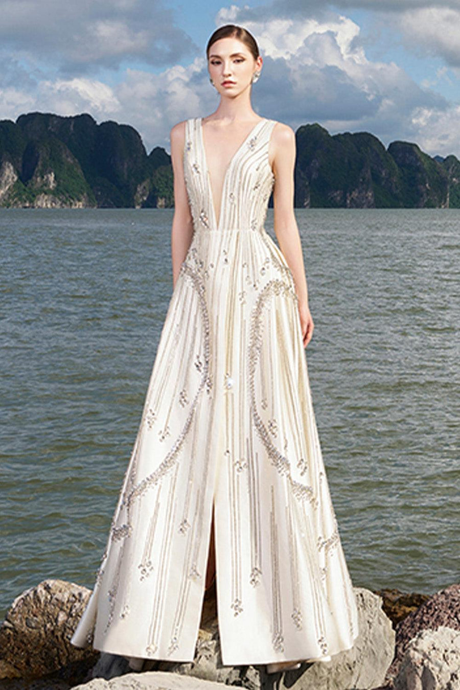 Hampton A-line Front Slit Taffeta Floor Length Dress 7
