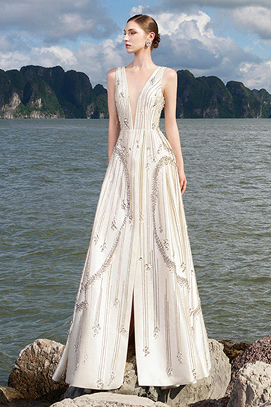 Hampton A-line Front Slit Taffeta Floor Length Dress 6
