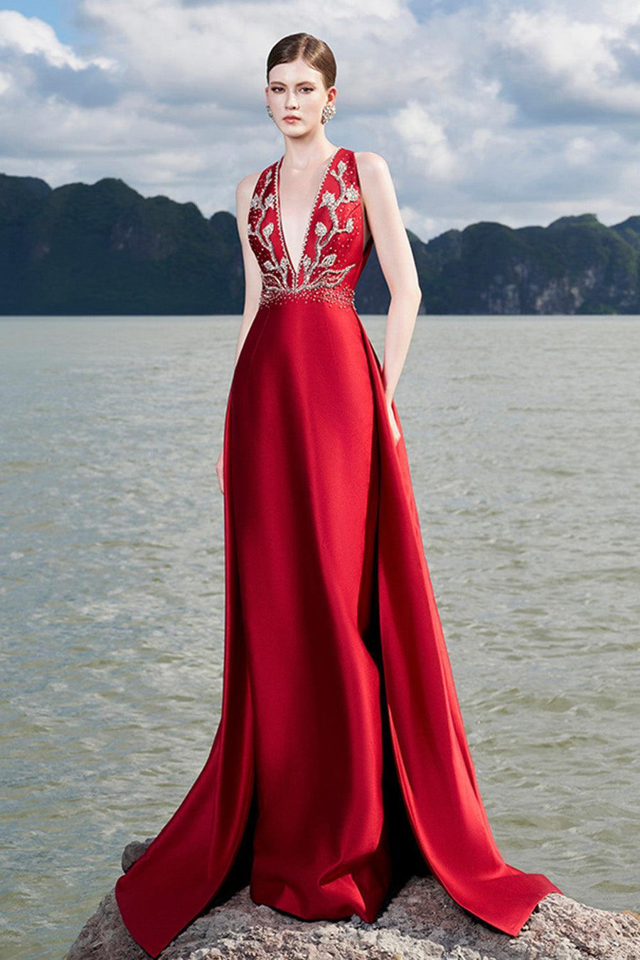 Carthy Sheath Plunge Neck Taffeta Floor Length Dress 5