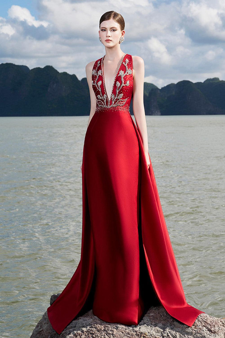 Carthy Sheath Plunge Neck Taffeta Floor Length Dress 1