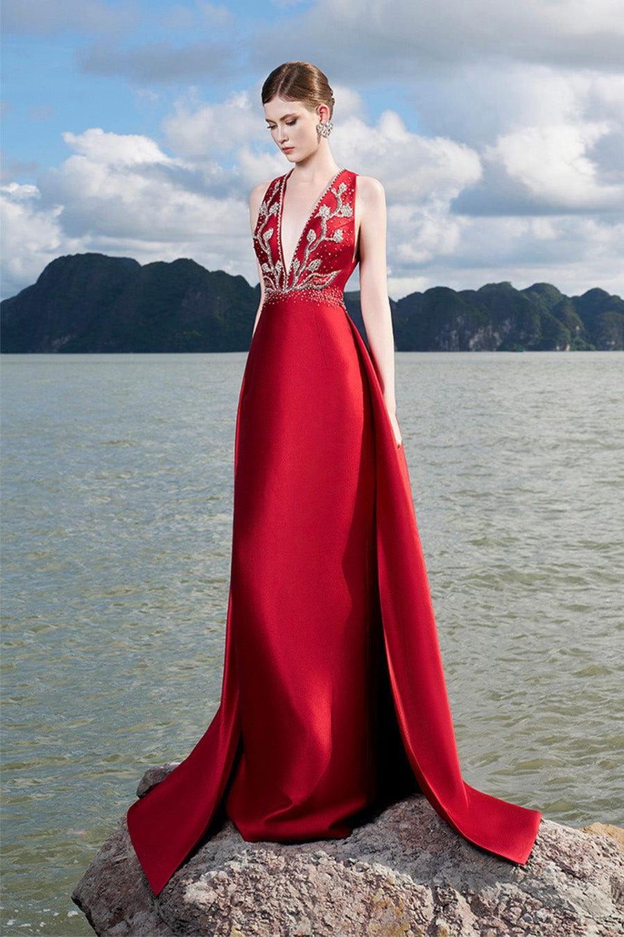 Carthy Sheath Plunge Neck Taffeta Floor Length Dress 6
