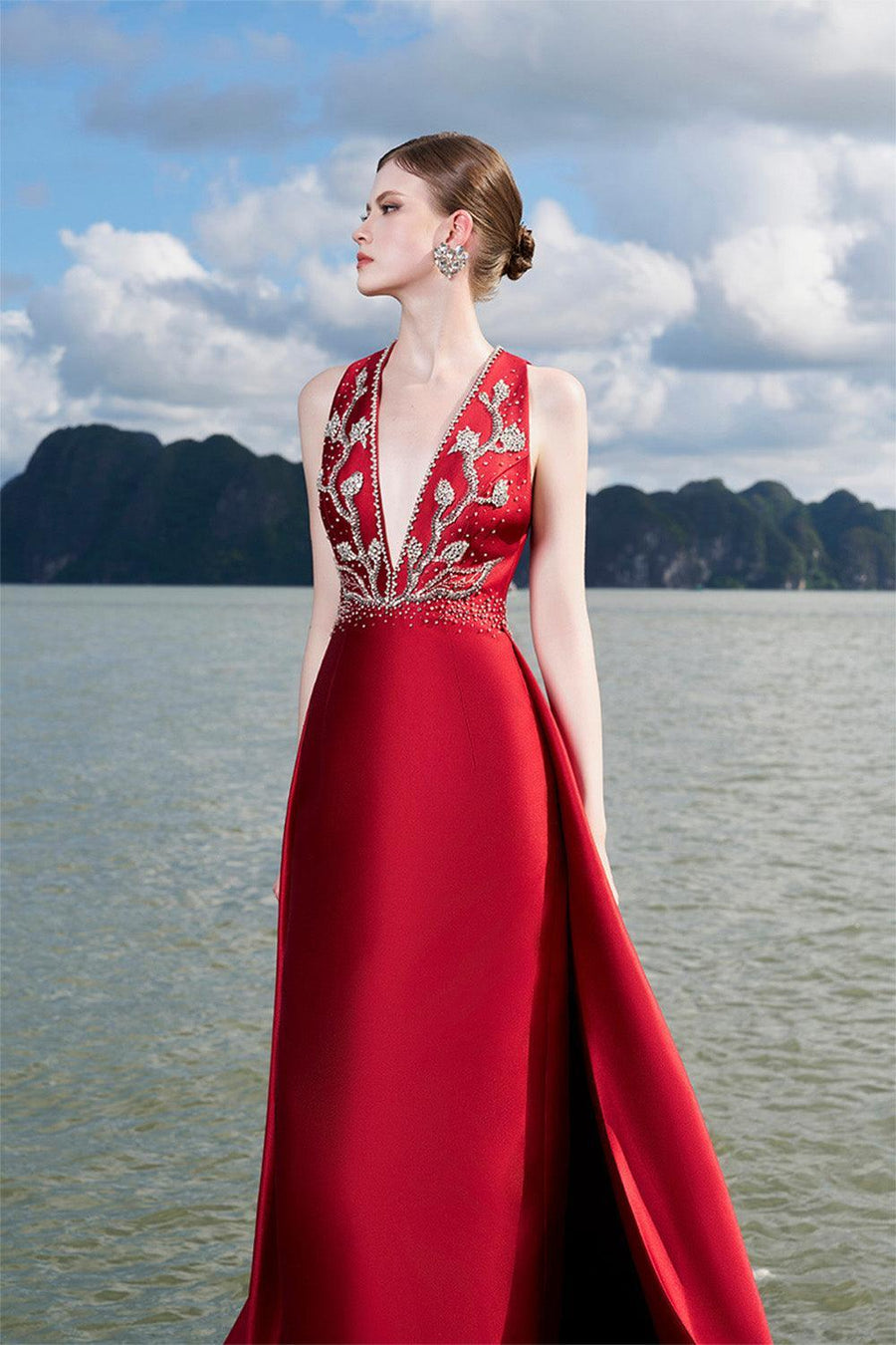 Carthy Sheath Plunge Neck Taffeta Floor Length Dress 2