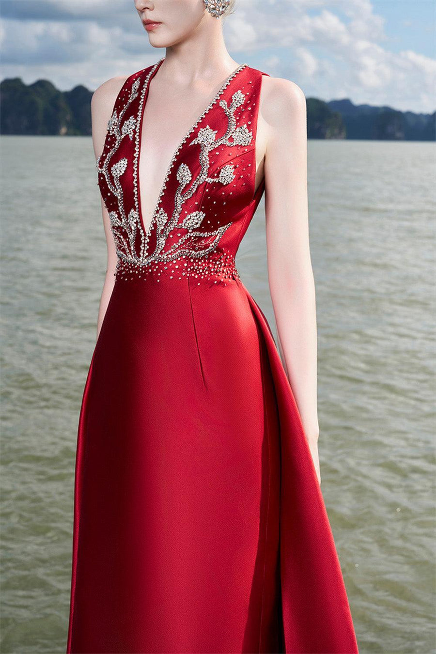 Carthy Sheath Plunge Neck Taffeta Floor Length Dress 3