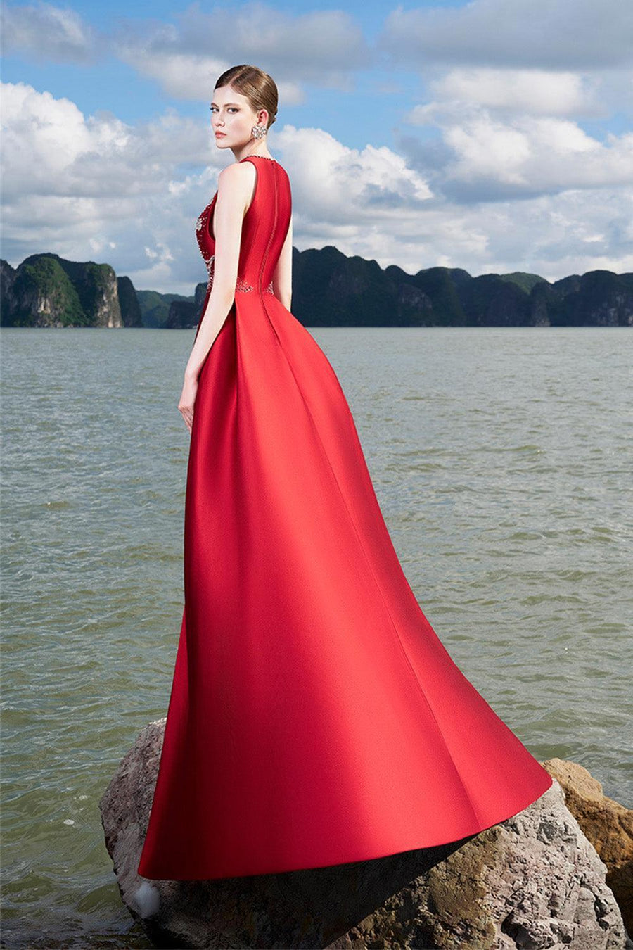Carthy Sheath Plunge Neck Taffeta Floor Length Dress 4