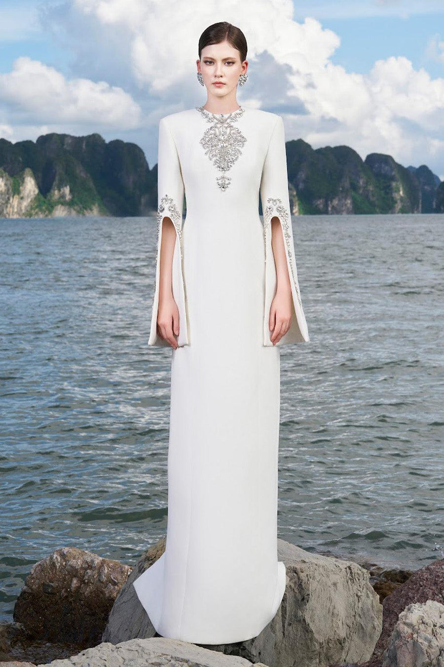 Ulises Sheath Hanging Sleeved Crepe Floor Length Dress 1