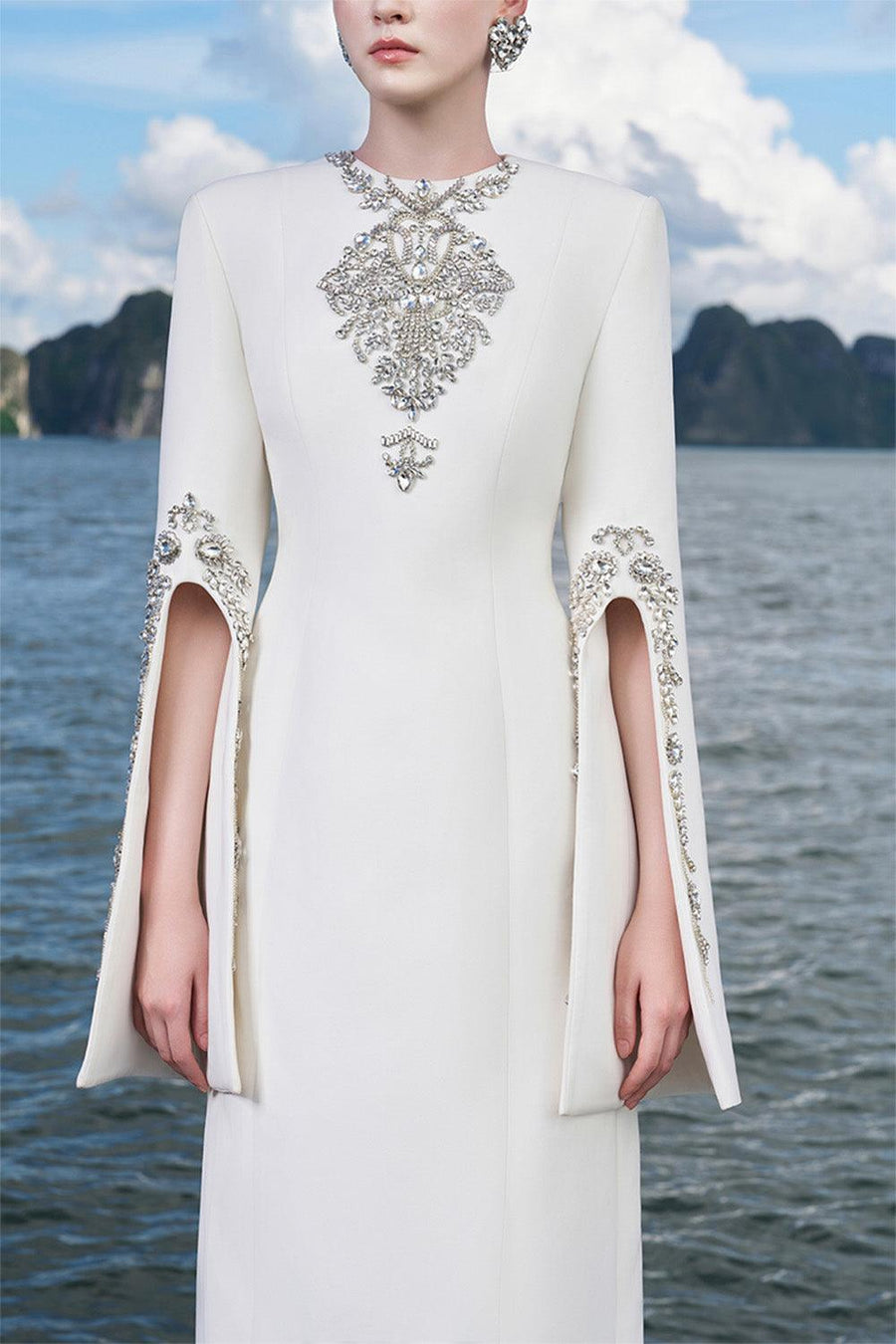 Ulises Sheath Hanging Sleeved Crepe Floor Length Dress 3