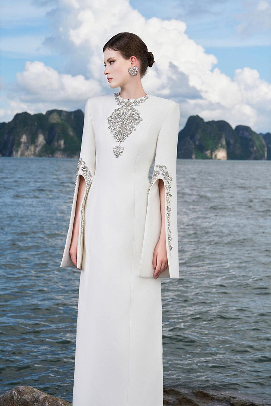 Ulises Sheath Hanging Sleeved Crepe Floor Length Dress 5