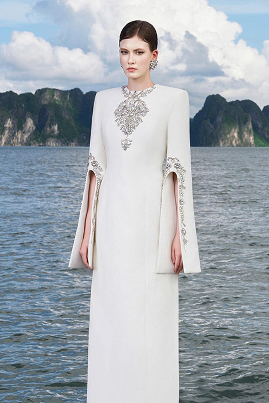 Ulises Sheath Hanging Sleeved Crepe Floor Length Dress 6