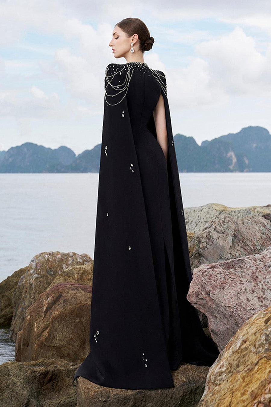 Cisneros Cape Queen Anne Neck Velvet Satin Floor Length Dress 4