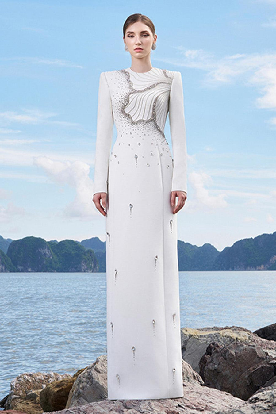Ramirez Sheath Long Sleeved Crepe Floor Length Dress 9