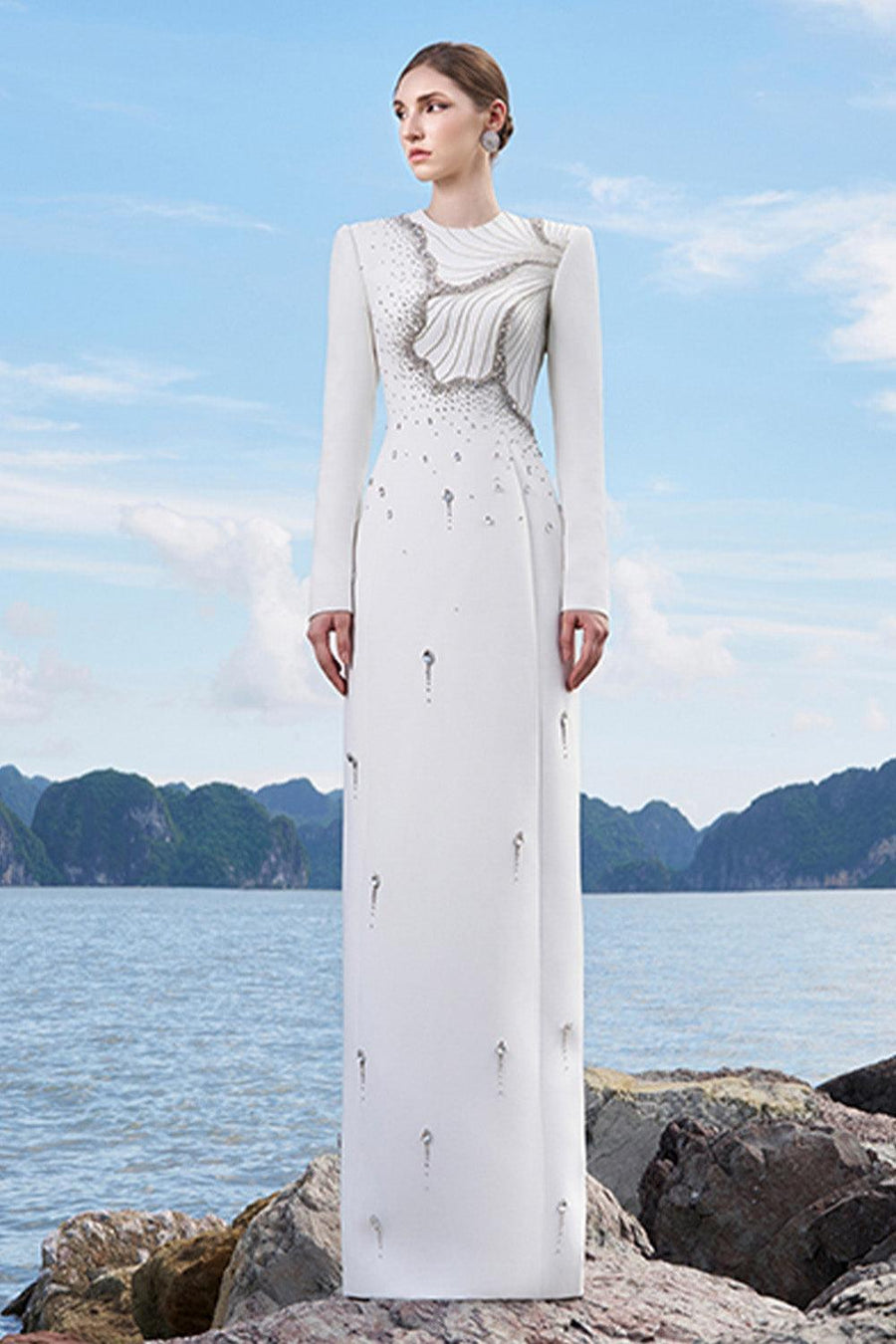Ramirez Sheath Long Sleeved Crepe Floor Length Dress 8