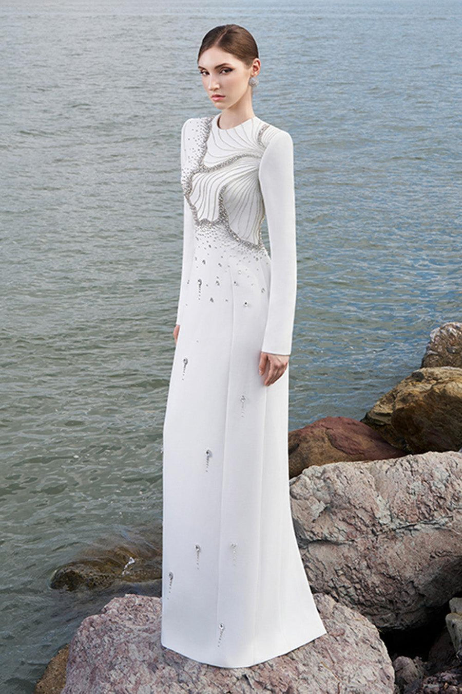 Ramirez Sheath Long Sleeved Crepe Floor Length Dress 10
