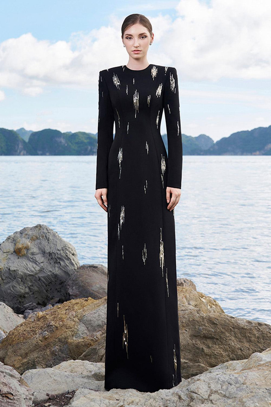 Ismael Sheath Stone Velvet Satin Floor Length Dress 7